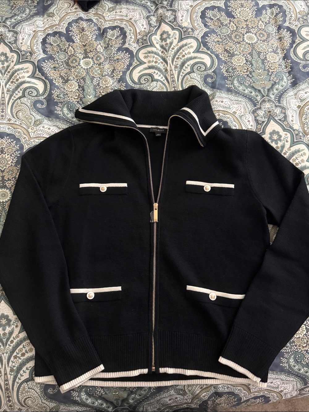 Talbots Black Zip-Front Sweater with White Stripe